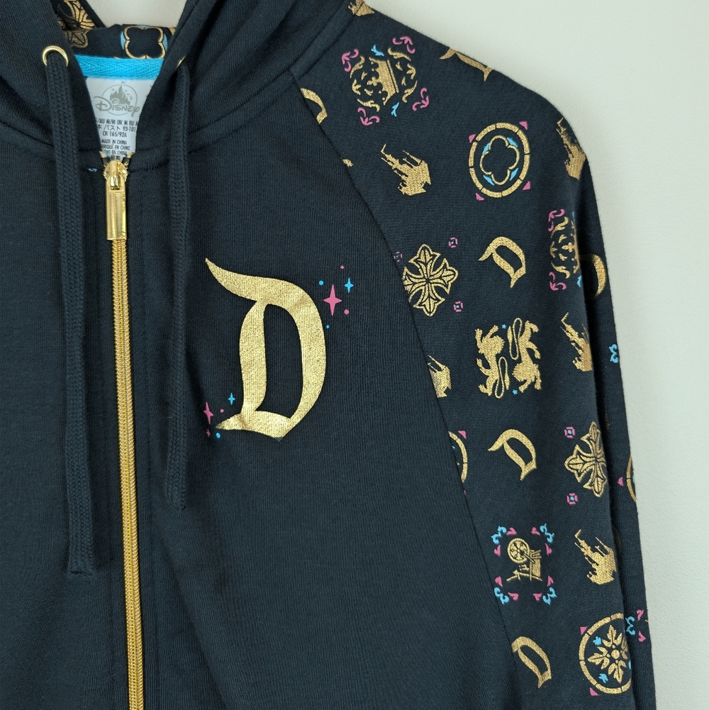 Disney Sleeping Beauty Castle Gold Design Black Full Zip Hoodie - Picture 2 of 9